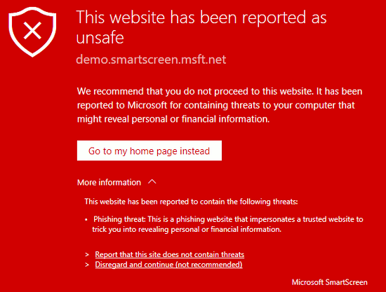 SmartScreen in Edge protecting you from bad websites