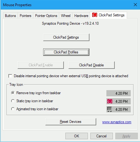 Synaptic ClickPad settings in the Control Panel in Windows