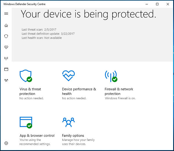 Windows Defender Security Centre in Windows 10 Creator's Update