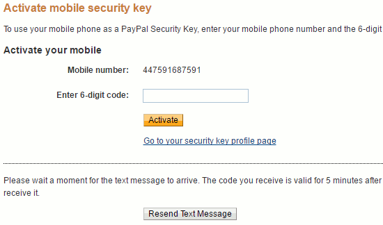 Activate the PayPal security key by entering the code
