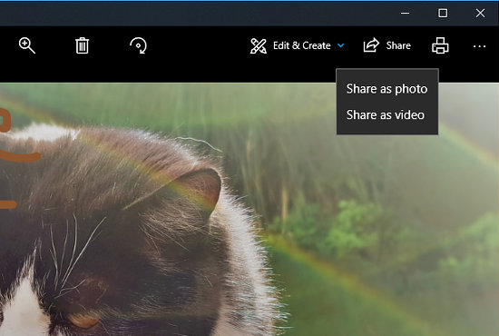 Windows 10 Photos app sharing menu