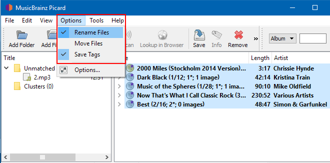 Options in MusicBrainz software